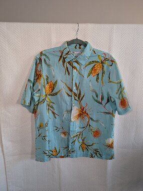Zara Men’s Aqua Blue Tropical Floral Short Sleeve Button Up Shirt Cotton Small